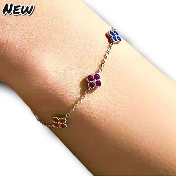 New Exclusively Fancy 925 Sterling Silver Rainbow Clover Bracelet - Picture 2 of 7